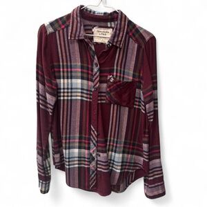 abercrombie and fitch burgundy and multi-coloured plaid button-up shirt